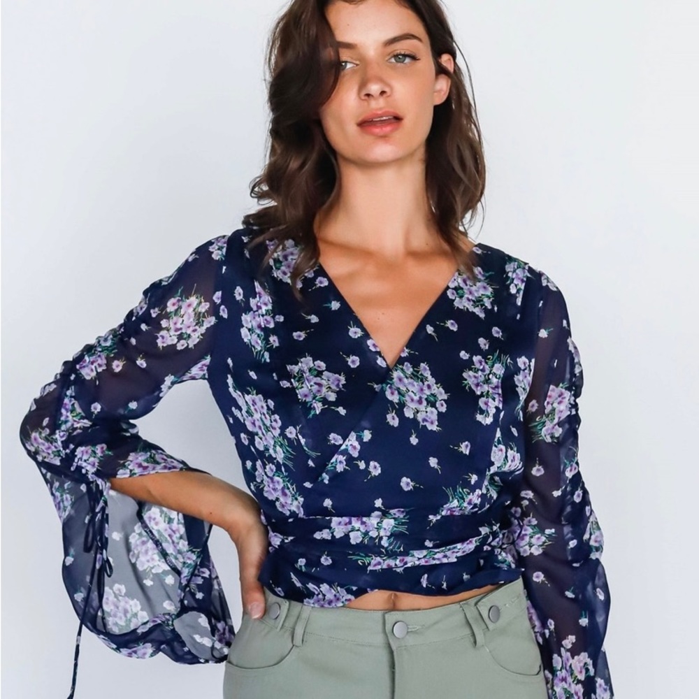 Navy Multi Color Floral Print Ruched Detail Sleeve Wrap